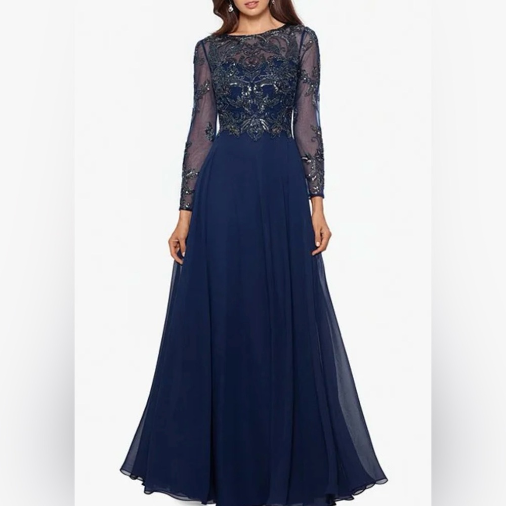 Xscape - Floral Beaded Bodice Chiffon Gown